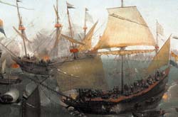 A medium-size ship, detail of 'The Return of the Second Expedition to Asia (1598)' by H.C.Vroom. Amsterdam Historical Museum.