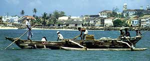 A 'madel paruwa', seine fishing boat, in Galle harbour, 1992.